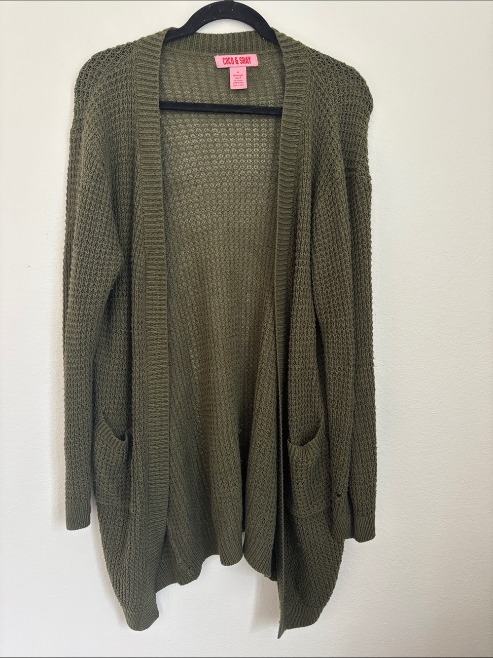 Cozy & Shay Olive Open-Front Knit Cardigan with Pockets
